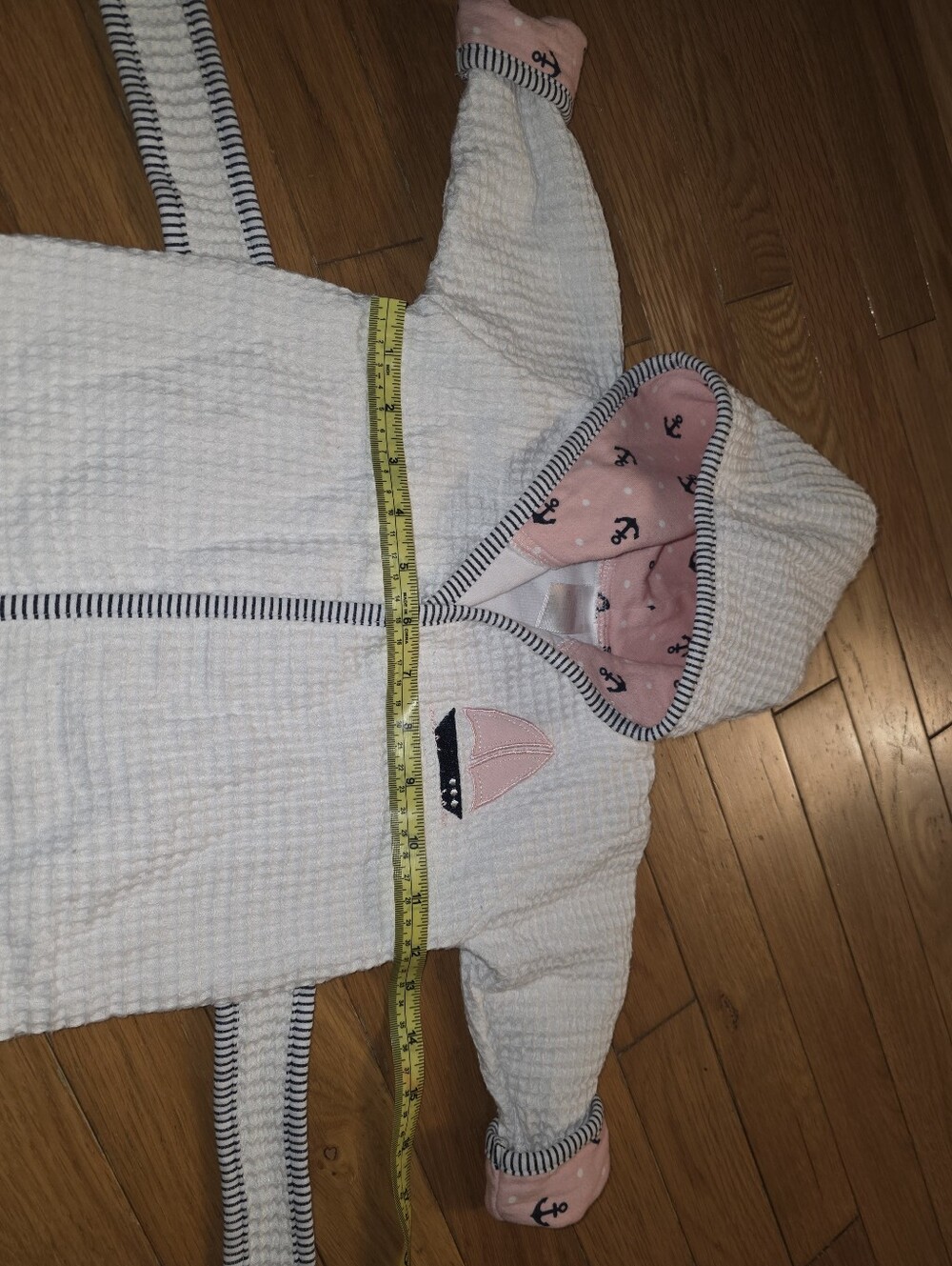 Nautica Infant 0-9 Mth Cream Waffle-Knit Kids Hooded Robe Pink Sailboat Lining - Picture 11 of 13